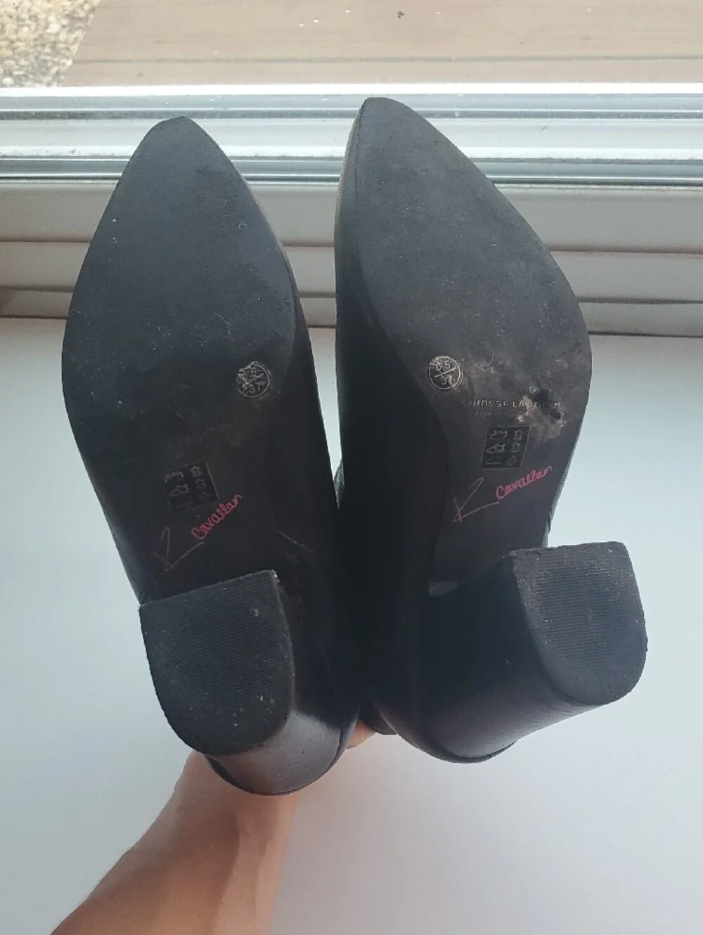 Women’s Black Leather Pointed Ankle Booties with Block Heel